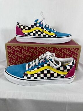 Vans “Crazy Checks” Low-Top Checkerboard Sneakers in Blue/Yellow/Pink